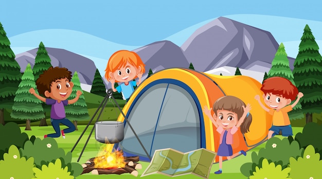 Scene with happy children camping in the park