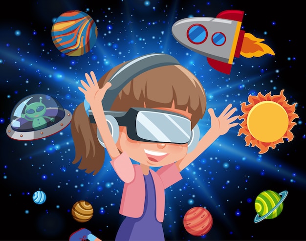 Vector scene with happy girl and spaceship flying in the galaxy