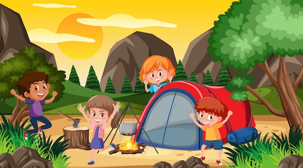 Scene with happy kids camping out in the woods