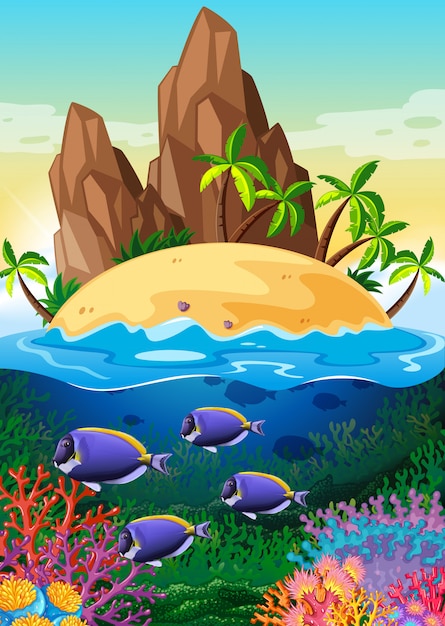 Vector scene with island and life underwater