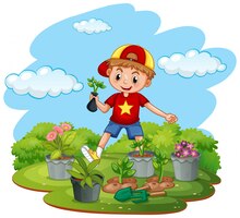Scene with kid planting trees in the garden
