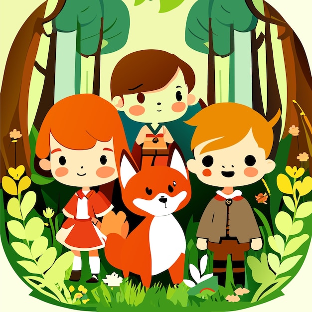 Vector scene with kids and animals cartoon in the garden