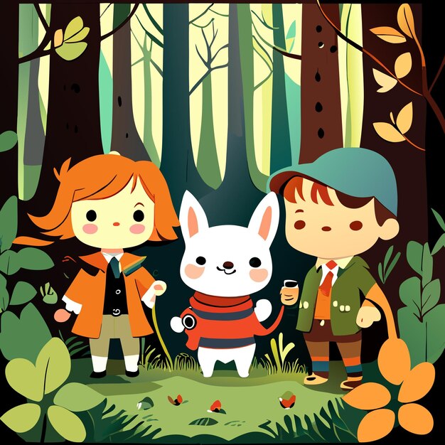 Vector scene with kids and animals cartoon in the garden