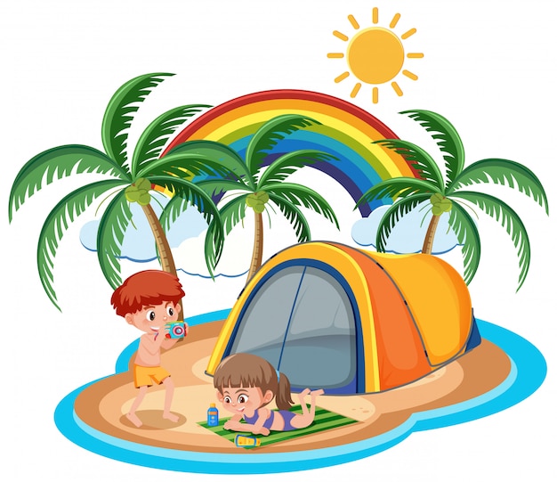 Scene with kids camping out on an island