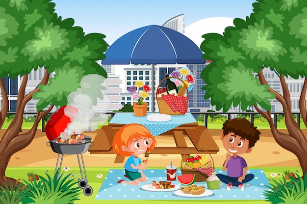 Scene with kids having picnic in the park