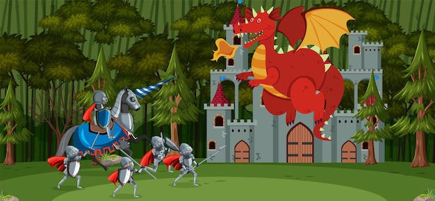 Scena con cavaliere e drago nella foresta