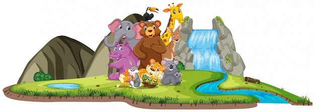 Scene with many animals by the waterfall at day time