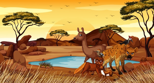 Vector scene with many animals in the field