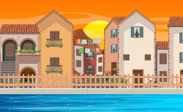 Vector scene with many buildings in city