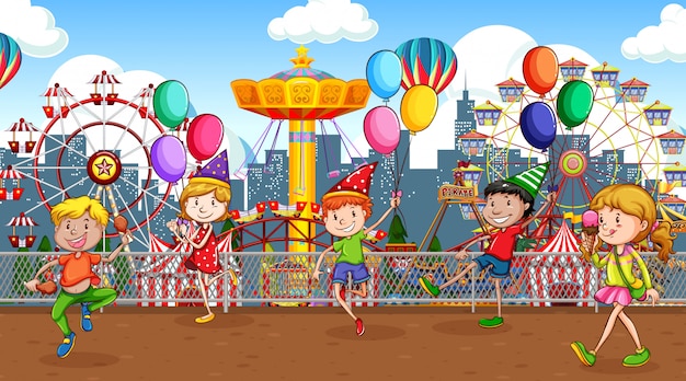 Vector scene with many children playing in the circus park