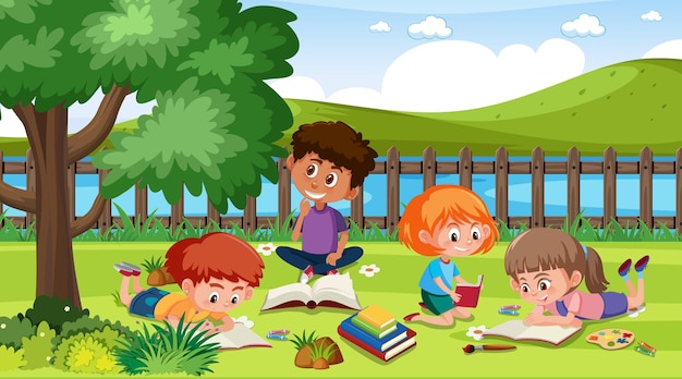 Scena con molti bambini che leggono un libro nel parco