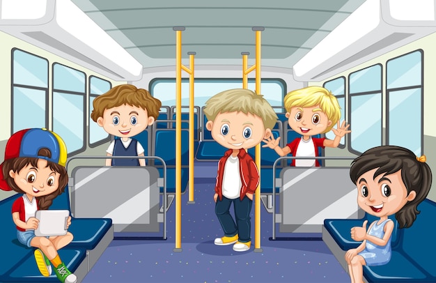 Vector scene with many children riding public transportation