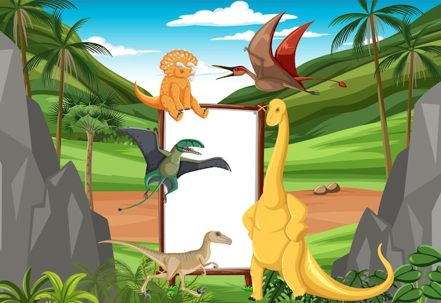 Сцена со многими динозаврами на доске