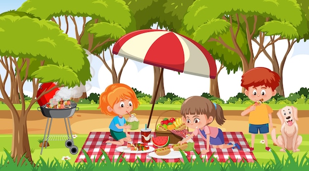 Vettore scena con molti bambini picnic nel parco