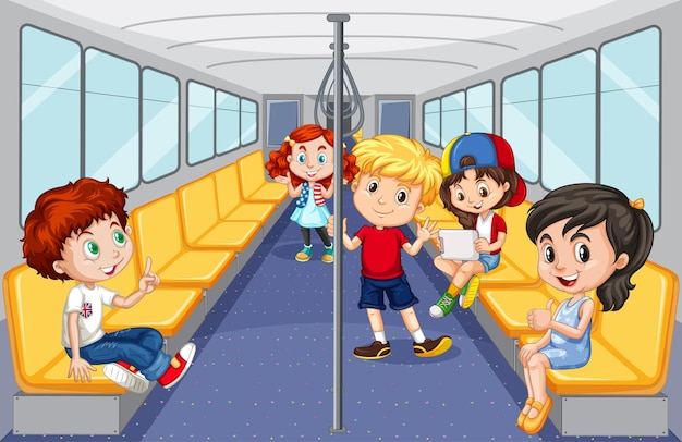 Vector scene with many people using public transportation