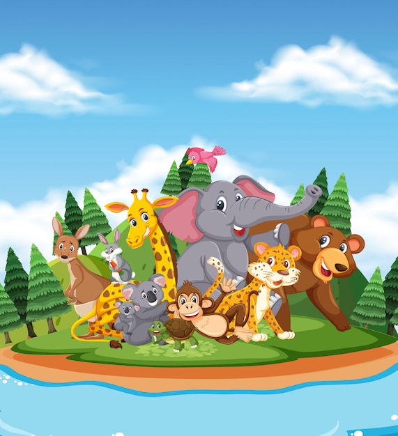 Scene with many wild animals in the park