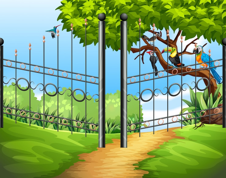 वेक्टर scene with metal fence and birds on tree
