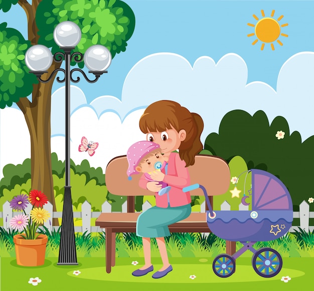 Vector scene with mother and kid relaxing in the park