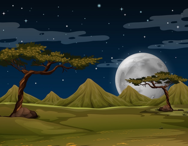 Vector scene with mountains at night