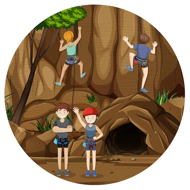 Vector scene with people climbing rocky moutain on circle artboard