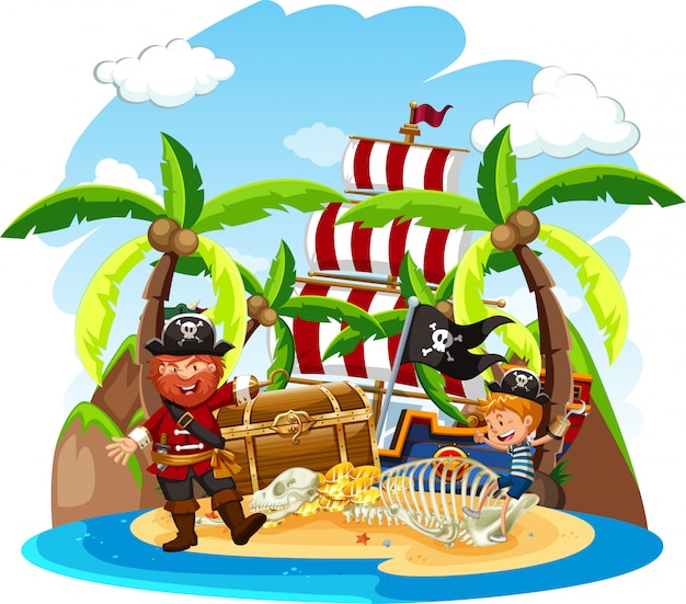 Vettore scena con pirata e ragazzo felice sull'isola del tesoro