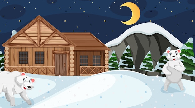 Scene with polar bears and wooden house in the north pole