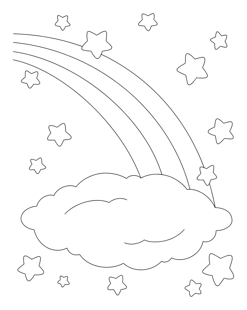 Premium Vector | Scene with rainbow cloud and stars Coloring book page