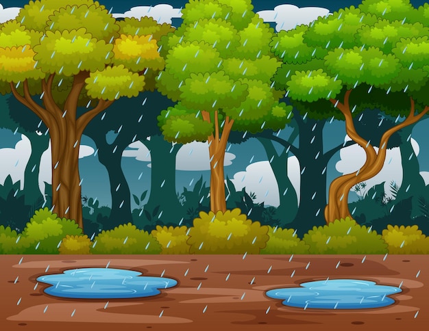 Сцена с дождем в лесу иллюстрации