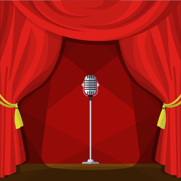 Vector scene with red curtains and retro microphone. vector illustration in cartoon style.