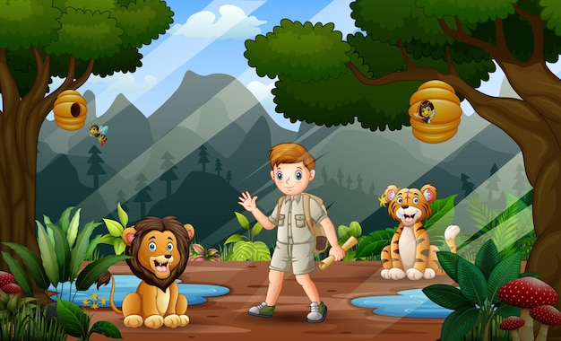 Scene with a safari boy and wild animals in the jungle