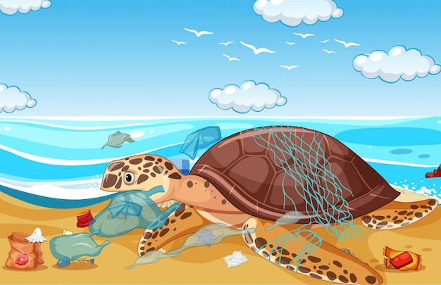 Vector scene with sea turtle and plastic bags on beach