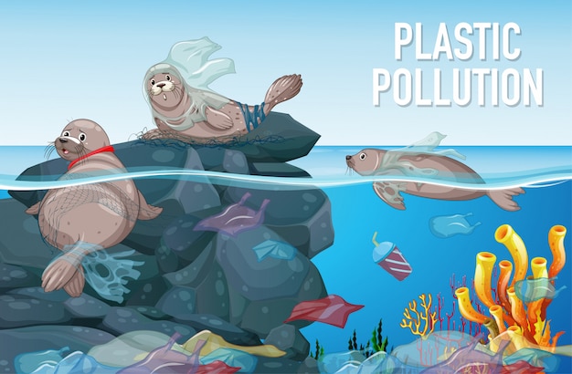 Vector scene with seal and plastic bags in ocean