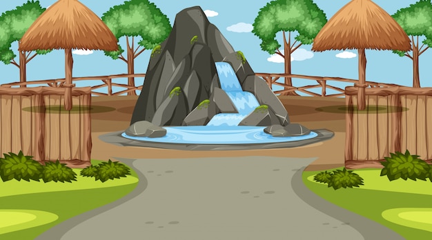公園内の小さな滝のある風景