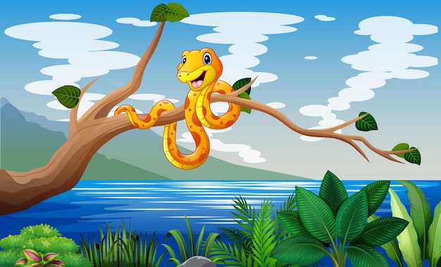 Scena con un serpente su un'illustrazione del ramo di un albero