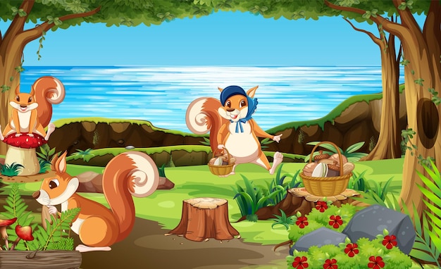 Scene with squirrels in the forest