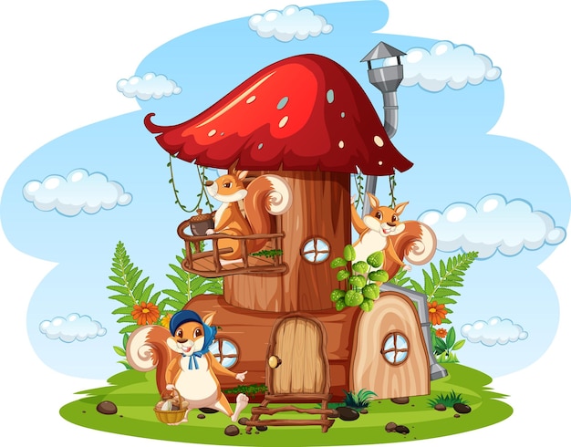 Vector scene with squirrels in the mushroom house