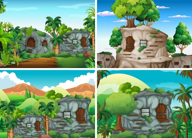 Vector scene with stone houses in jungle