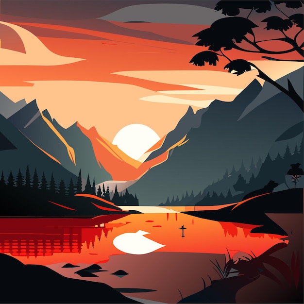 Vector scene with sunset at the lake background