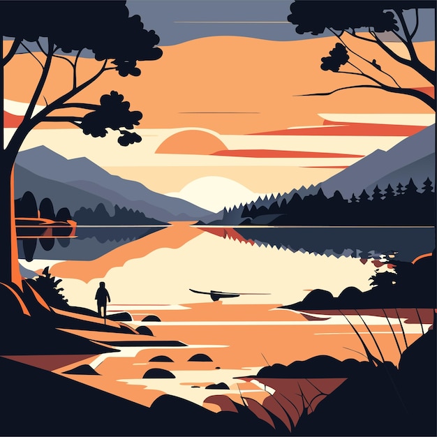 Vector scene with sunset at the lake background