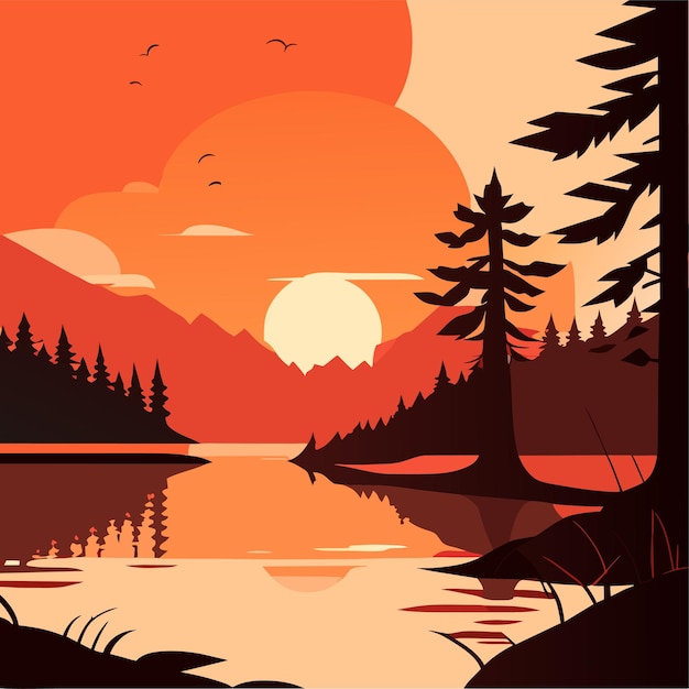 Vector scene with sunset at the lake background