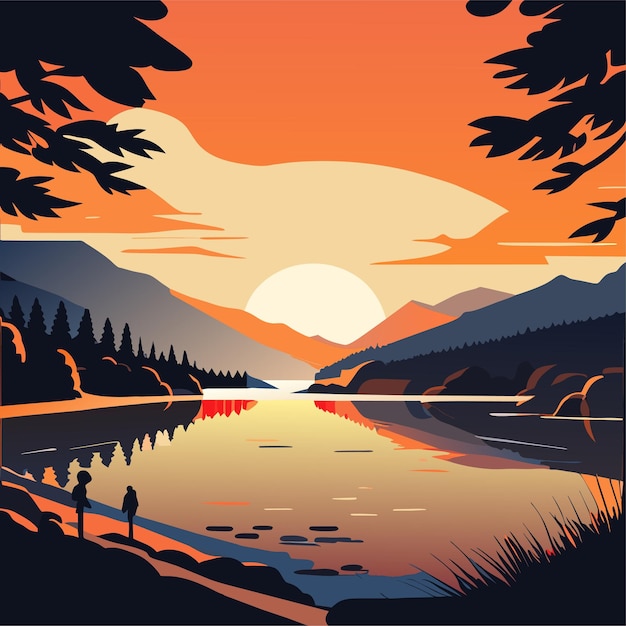 Vector scene with sunset at the lake background