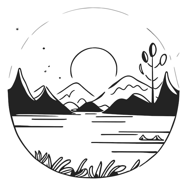 Vector scene with sunset at the lake background