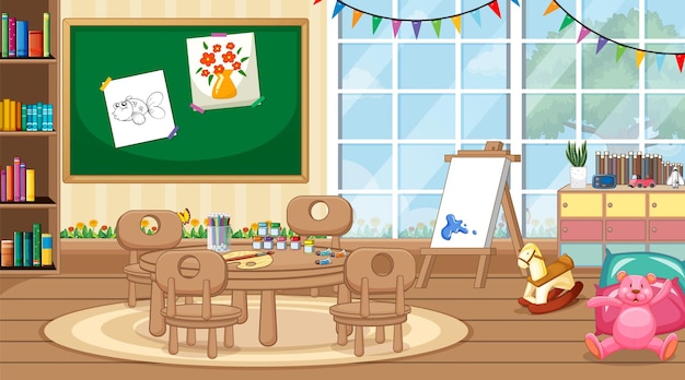 Сцена со столом и стульями в классе