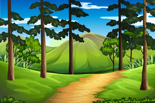 Vector scene with tall trees and mountain