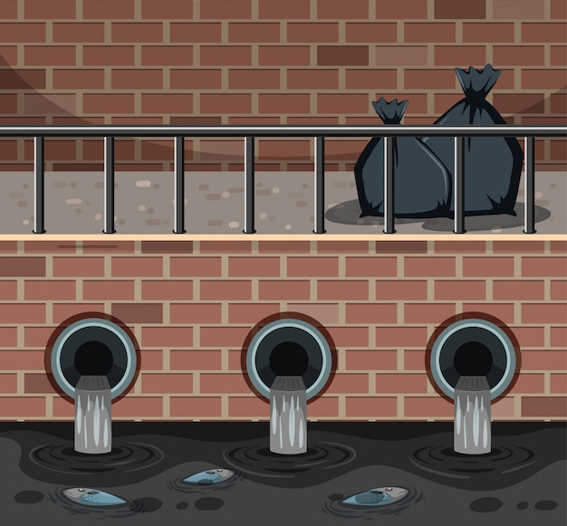 市内のゴミ袋と汚れた水のシーン