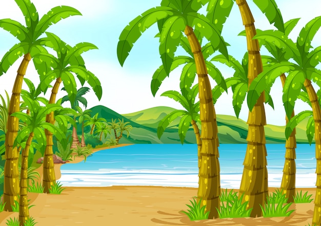 Vector scene with trees on the beach
