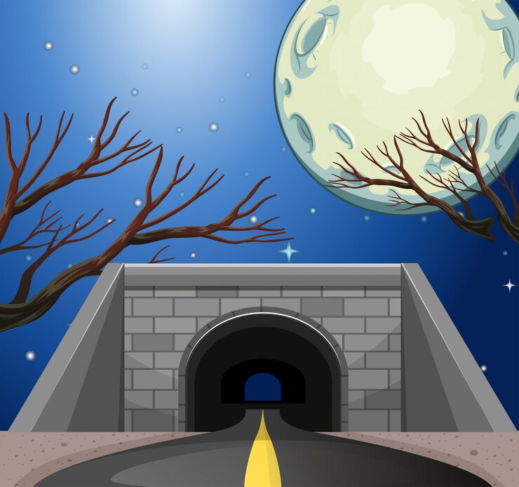 Vector scene with tunnel at night