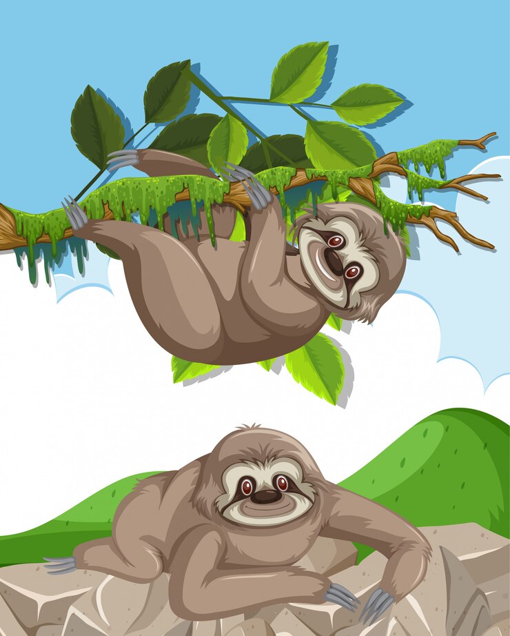 Vector scene with two cute slothes climbing on the rock and tree