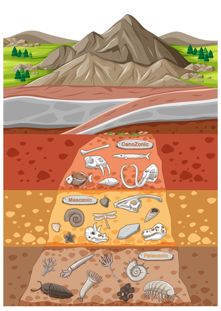 Vector scene with various animals bones and dinosaurs fossils in soil layers