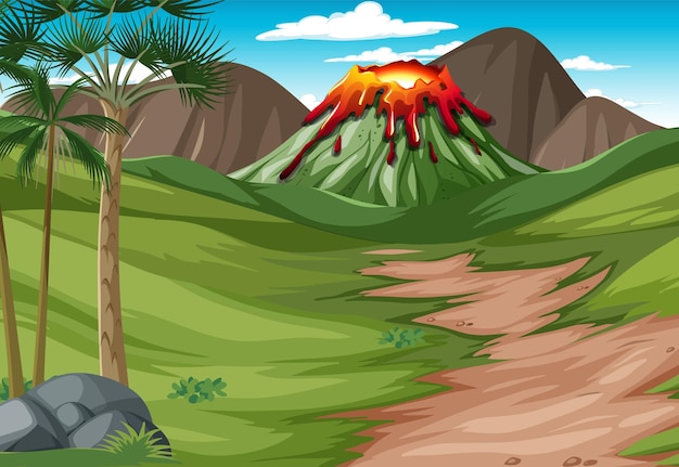 Scene with volcano eruption in forest